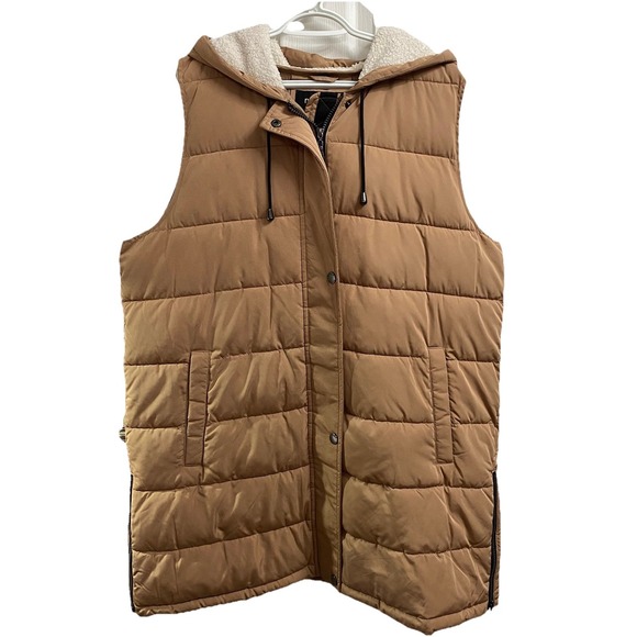 Nuage Regular Women Chevron Quilted Long Puffer Vest Coat W/Hood Tan Sz.XL. EUC - Picture 1 of 8